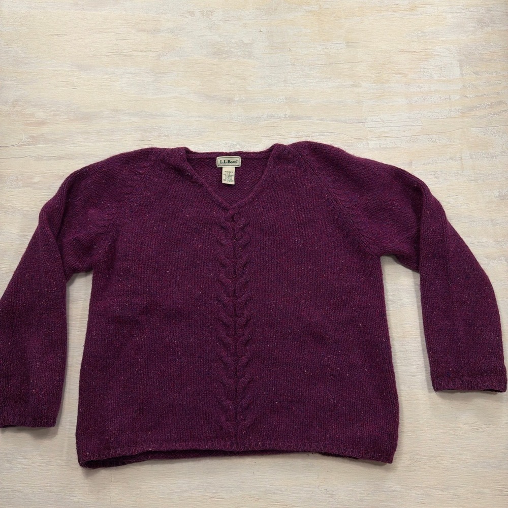 L.L. Bean Sweater Large Lambswool Mohair Cable Knit V-Neck Purple Womens JS96